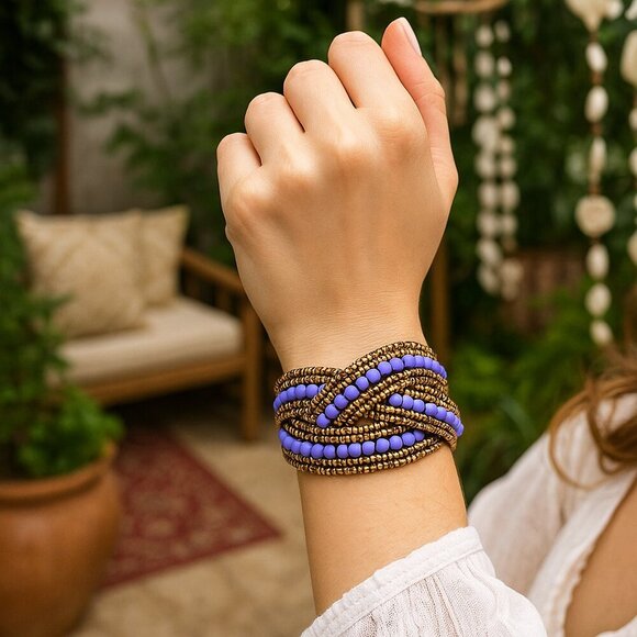 π Indian Artisanal Boho Beaded Cuff Bracelet | Adjustable Bold Statement Piece - Picture 1 of 13
